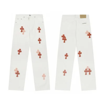 Chrome Hearts Jeans replika lyx Rosa Vit Läder Denim tvättad