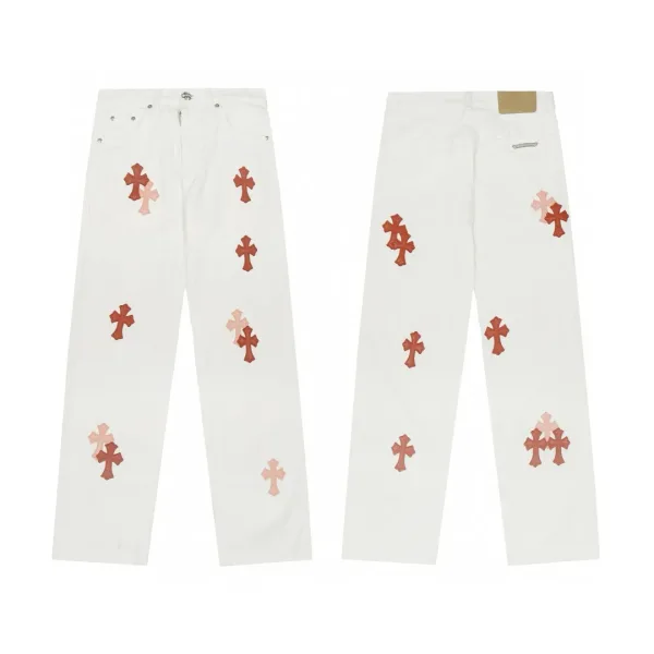Chrome Hearts Jeans replika lyx Rosa Vit Läder Denim tvättad