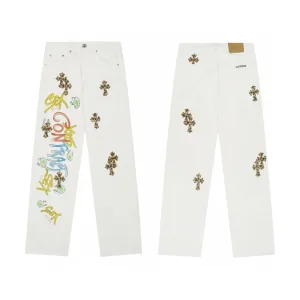 Chrome Hearts Jeans replika lyx Rosa Vit Läder Denim tvättad