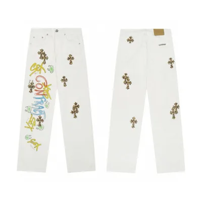 Chrome Hearts Jeans replika lyx Rosa Vit Läder Denim tvättad