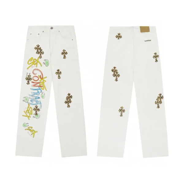 Chrome Hearts Jeans replika lyx Rosa Vit Läder Denim tvättad