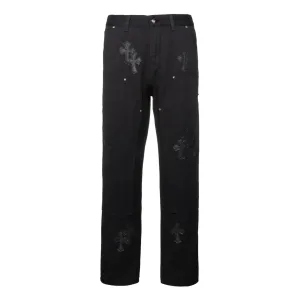 Chrome Hearts Jeans replika lyx Silver Svart Läder Vintage Patchwork