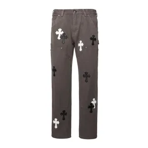 Chrome Hearts Jeans replika lyx Silver Grått Läder Vintage Patchwork