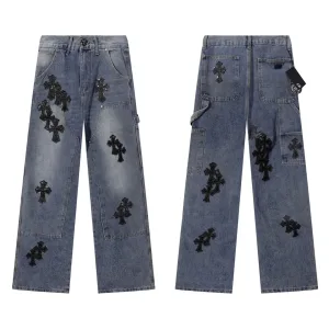 Chrome Hearts Jeans replika lyx Sky Blue Läder Denim tvättad