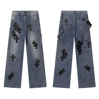 Chrome Hearts Jeans replika lyx Sky Blue Läder Denim tvättad