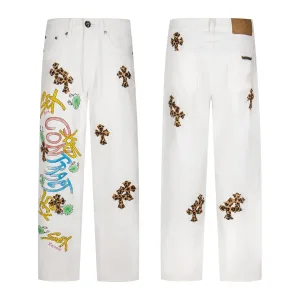 Chrome Hearts Jeans replika lyx Vitt Läder Bomull Vintage tvättad