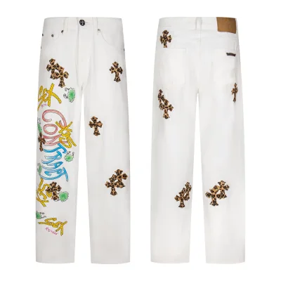 Chrome Hearts Jeans replika lyx Vitt Läder Bomull Vintage tvättad