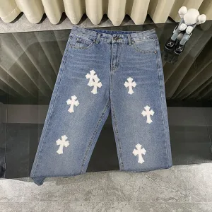 Chrome Hearts Jeans replica lyx Vitt Läder Denim Washed Is