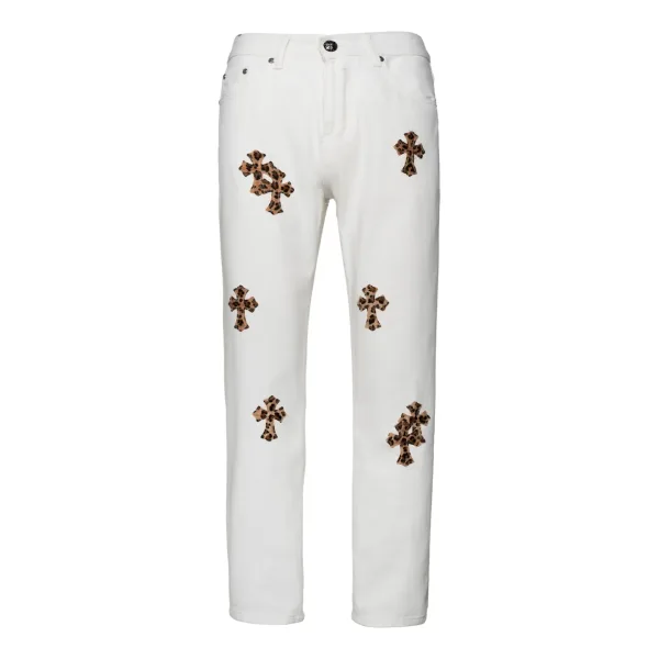 Chrome Hearts Jeans replika lyx Vitt Läder Washed La Paillette