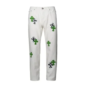 Chrome Hearts Jeans replika lyx super klon Vit Grönt Läder