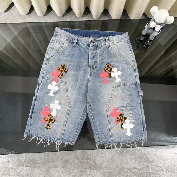 Chrome Hearts Shorts replika lyx Läder Denim Tvättad Distressed Of