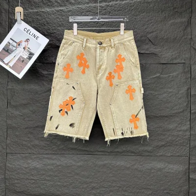 Chrome Hearts Shorts replika lyx Orange Svart Denim Läder tvättad