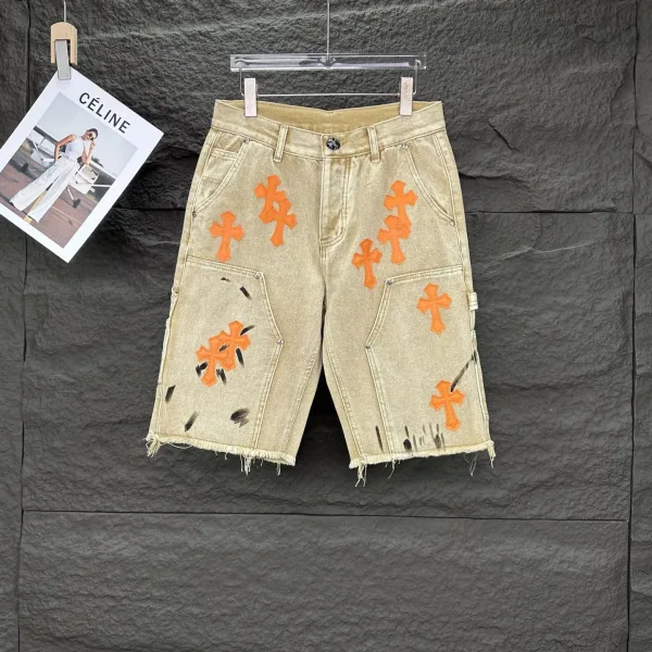 Chrome Hearts Shorts replika lyx Orange Svart Denim Läder tvättad