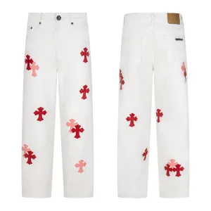 Chrome Hearts Byxor replika lyx Vit Rosa Läder Logotyp Vintage