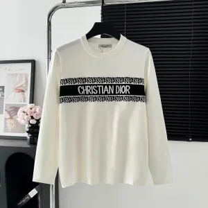 Dior skjorta kopia lyx vit stickad logo tröja Tyg passform