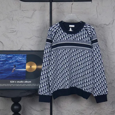 Dior tröja replika lyx marinblå ull kashmir monogram logotyp