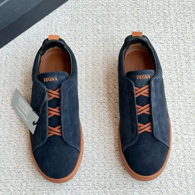 Ermenegildo Zegna Sneakers Replik Luxus Beige Wildleder Leder Schaffell Logo