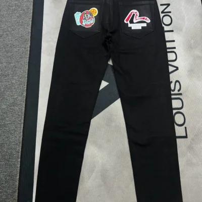 Evisu Trousers replica super clone Blue Black Denim Distressed Patchwork