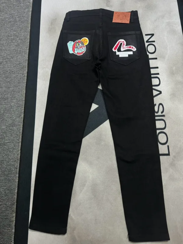 Evisu Trousers replica super clone Blue Black Denim Distressed Patchwork