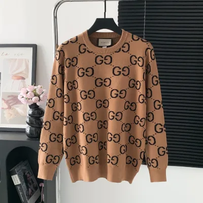 Gucci skjorta replika lyx svart brun stickad logotyp tröja tyg
