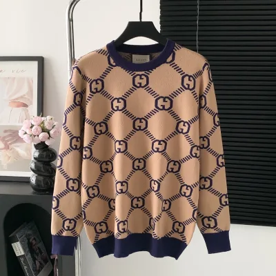 Gucci Skjorta replika lyx Brun Stickad Logo Tröja Tyg Alla