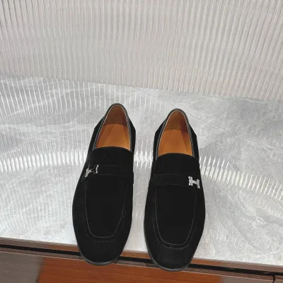 Hermes Loafers Replik Luxus Schwarz Leder Rindsleder Modern Importiert Hot