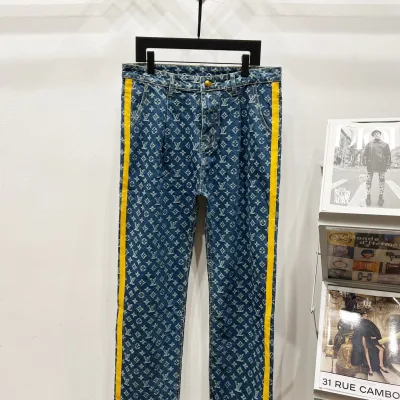 Louis Vuitton Jeans replika 1:1 blå bomull läder logotyp tvättad