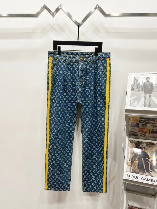 Louis Vuitton Jeans replika 1:1 blå bomull läder logotyp tvättad