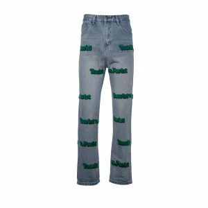 Louis Vuitton Jeans replika 1:1 Green White Washed Broderi Längd
