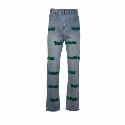 Louis Vuitton Jeans replika 1:1 Green White Washed Broderi Längd