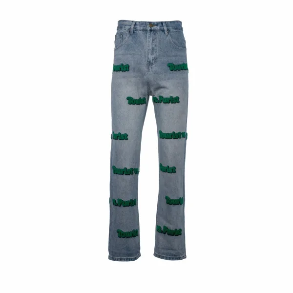 Louis Vuitton Jeans replika 1:1 Green White Washed Broderi Längd