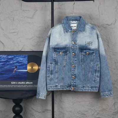 Miumiu Shirt replica super clone Blue Denim Läder Tvättade Patchwork