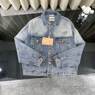 Miumiu Shirt replica super clone Blue Denim Läder Tvättade Patchwork