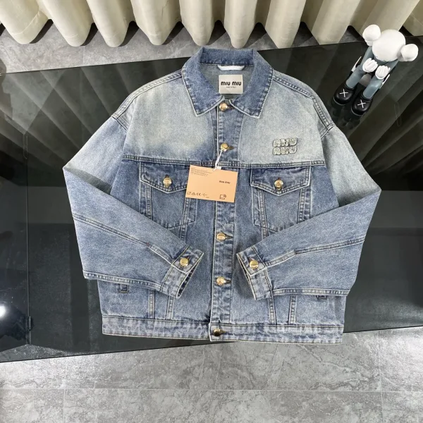 Miumiu Shirt replica super clone Blue Denim Läder Tvättade Patchwork