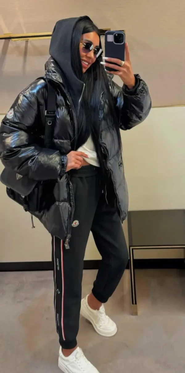 Mute Moncler Kvinnor Kostym replika lyx Svart Logo Hooded träningsoverall