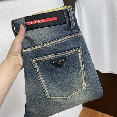 Prada Jeans replika lyx Denim Läder Tvättad Original Tyg Tvätt