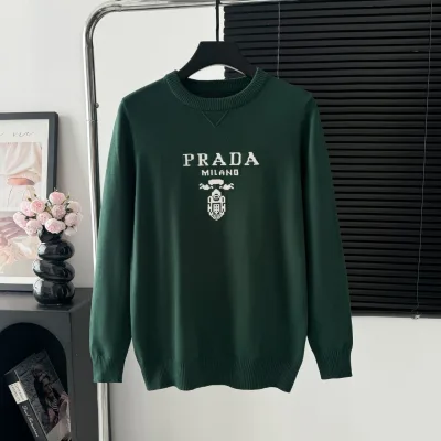 Prada Skjorta replika lyx Grön Stickad Monogram Logo Tröja Tyg