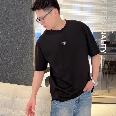 Prada Short Sleeve Replica Luxury Black White Cotton Logo Is