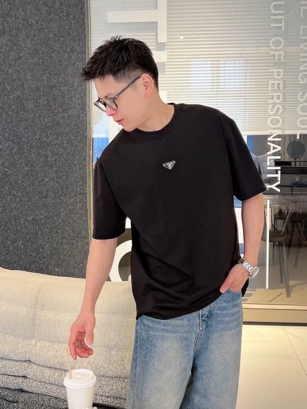 Prada Short Sleeve Replica Luxury Black White Cotton Logo Is