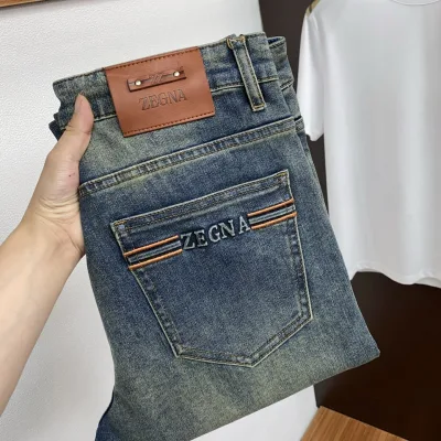 Zegna Jeans replika super klon Denim Läder Tvättade Original Tyg